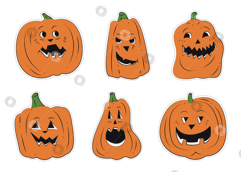 Скачать Набор из 6 страшных тыкв на Хэллоуин с разными вырезанными лицами. Цветная плоская векторная иллюстрация. фотосток Ozero