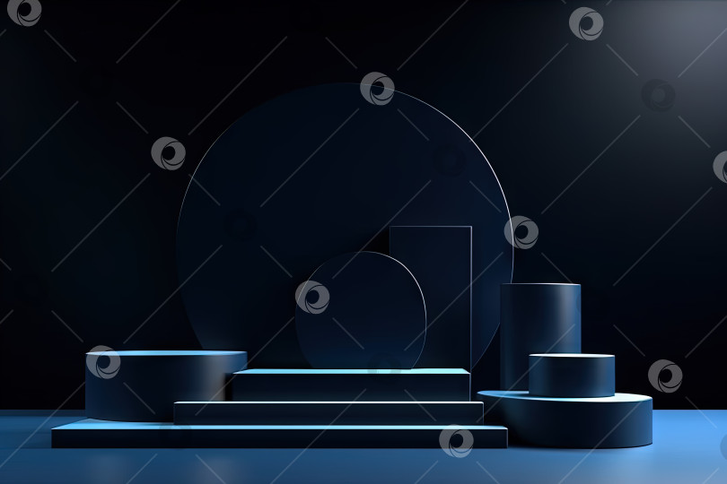 Скачать Темно-синий пьедестал в черной комнате с геометрическими фигурами. Подиум для демонстрации продукции. Сгенерированный искусственный интеллект. фотосток Ozero