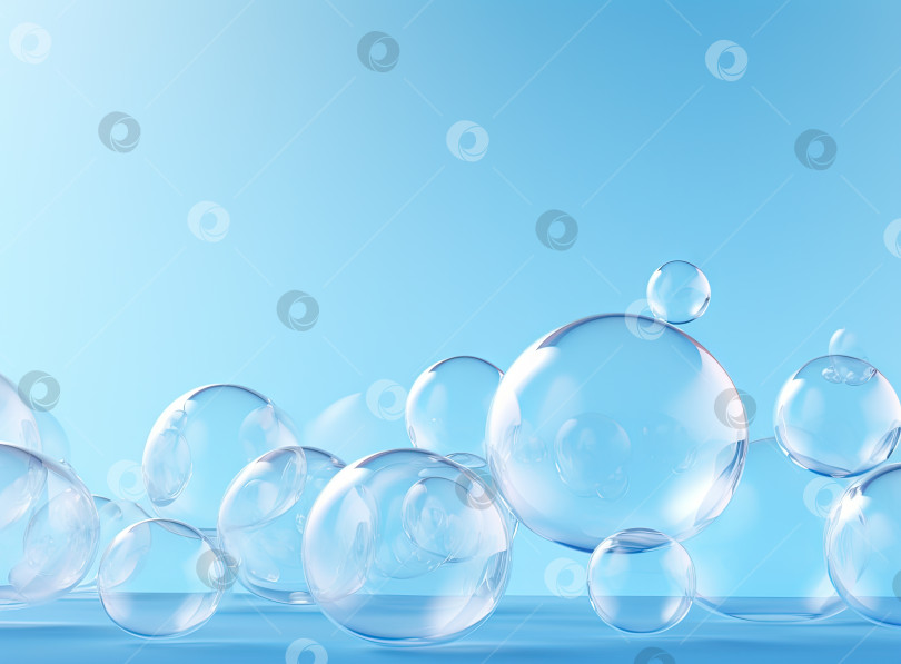 Скачать Парящие пузыри на синем фоне. Абстрактный фон с плавающими мыльными пузырями. Сгенерированный искусственный интеллект. фотосток Ozero