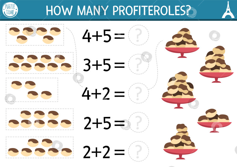 Скачать Сколько в игре профитролей. Занятие по сложению математики для детей дошкольного возраста с традиционным французским десертом. Простой лист для подсчета во Франции, пригодный для печати, для детей. Забавная математическая страничка для детей фотосток Ozero