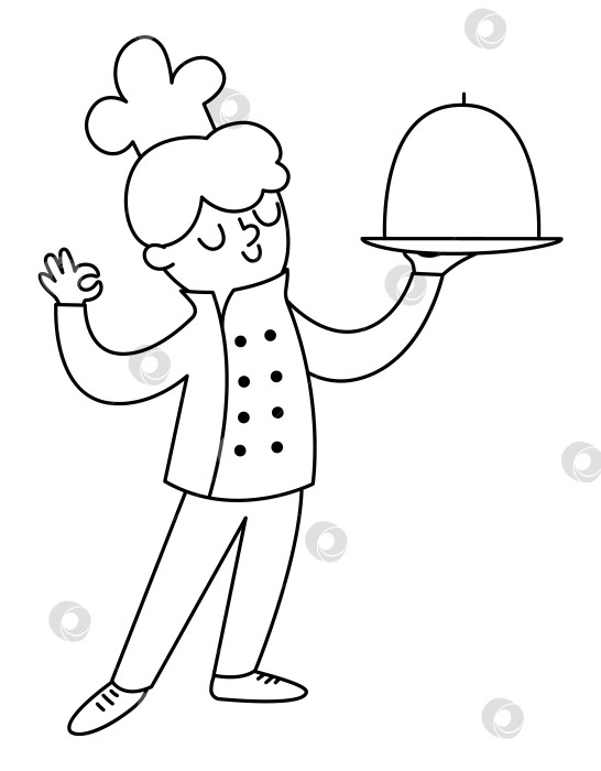 Скачать Черно-белый повар в шляпе и тунике стоит с вкусным блюдом, накрытым клошем. Векторная линейная иллюстрация шеф-повара. Симпатичный значок персонажа или раскраска фотосток Ozero
