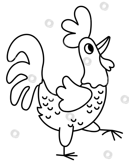 Скачать Значок линии петуха. Векторная черно-белая иллюстрация домашней или фермерской птицы. Раскраска с милым персонажем-петушком. Изображение французского символа фотосток Ozero