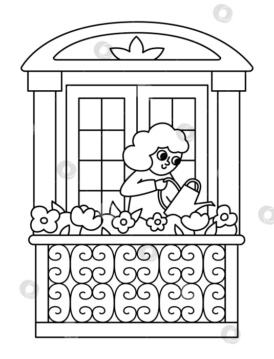 Скачать Черно-белая девушка поливает цветы на французском балконе. Векторная линейная иллюстрация женщины. Симпатичный значок персонажа или раскраска фотосток Ozero