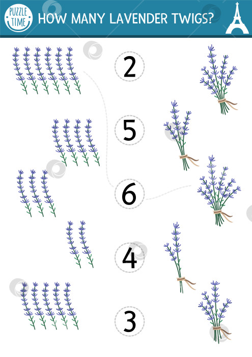 Скачать Подбери игру с числами с помощью букета лаванды. Математическое занятие для детей дошкольного возраста с традиционным французским цветком. Учебный лист для подсчета растений во Франции. Сколько веточек на странице для детей фотосток Ozero