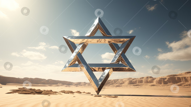 Скачать Металлическая звезда Давида на песке пустыни. Блестящий трехмерный символ Израиля - Маген Давид. Сгенерированный искусственный интеллект. фотосток Ozero