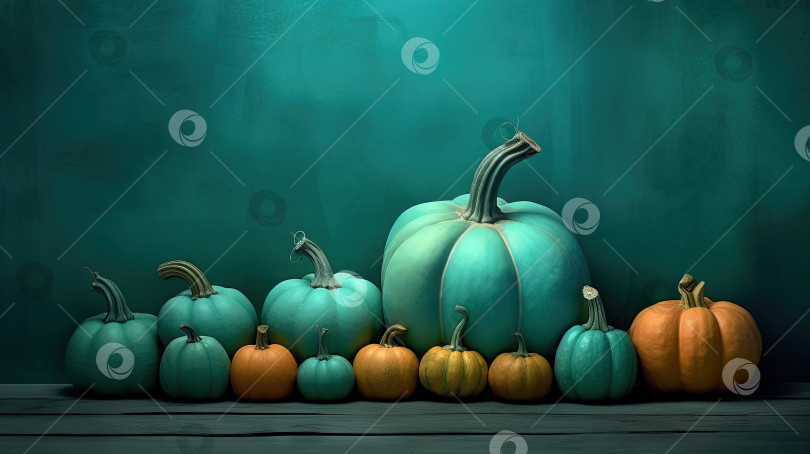Скачать Натюрморт с оранжевой тыквой на синем фоне. Осенний сбор урожая и осенние каникулы. Сгенерированный искусственный интеллект. фотосток Ozero