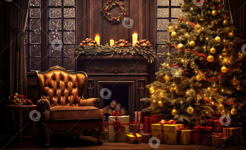 Скачать Рождественские каникулы в комнате с камином. Рождественская елка и подарки в украшенной к зимним праздникам комнате. Сгенерированный искусственный интеллект. фотосток Ozero