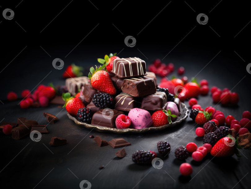 Скачать Поколение искусственного интеллекта. Шоколад с ягодами на черном фоне. Избирательный фокус. фотосток Ozero