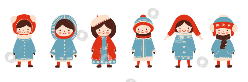 Скачать Дети в зимней одежде - шапке, шарфе, пальто в скандинавском простом ретро-стиле. Винтажный мультяшный клипарт для рождественской открытки, плаката, флаера, принта и узора. Векторная иллюстрация на белом фоне. фотосток Ozero