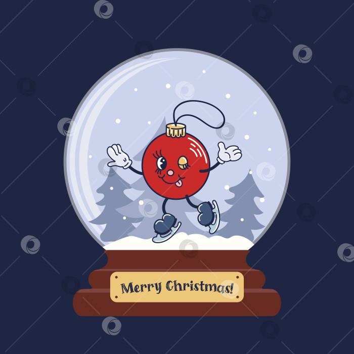 Скачать Стеклянный шар со снегом. Веселый рождественский бал - это катание на коньках. Милый персонаж в старом ретро-мультяшном стиле. Винтажная праздничная векторная иллюстрация для наклеек, плакатов, элементов дизайна. фотосток Ozero
