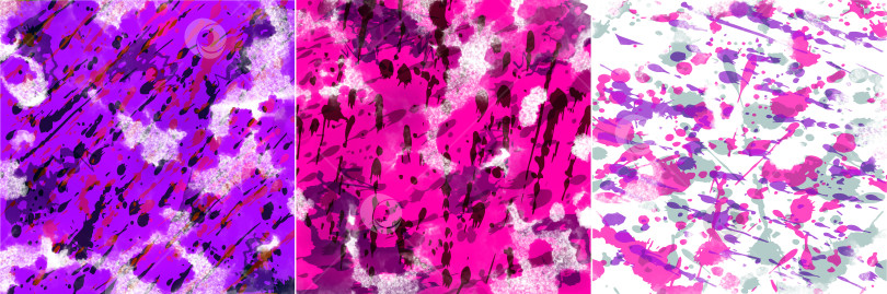 Скачать Динамичные струи на фиолетовом, розовом и белом фоне. Набор абстрактных красочных фонов с пятнами и каплями. Имитация акварельной живописи. Иллюстрация. фотосток Ozero