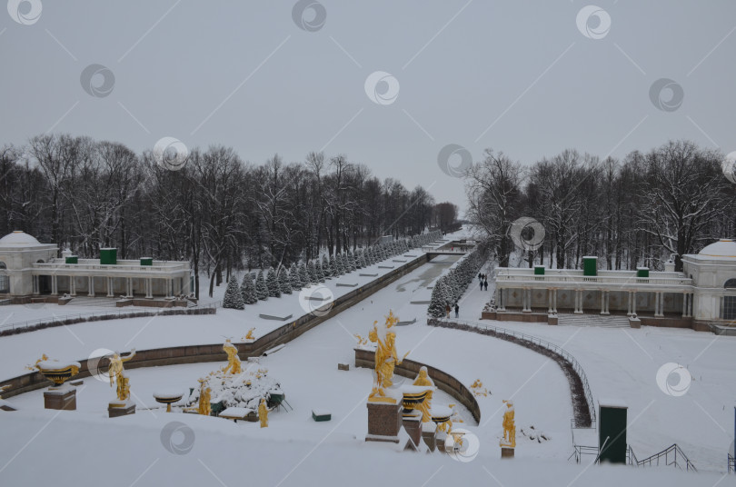 Скачать Санкт-Петербург, Россия – 12.23.2018: Большой фонтанный каскад и Морской канал в Нижнем парке Петергофа в Санкт-Петербурге зимой фотосток Ozero