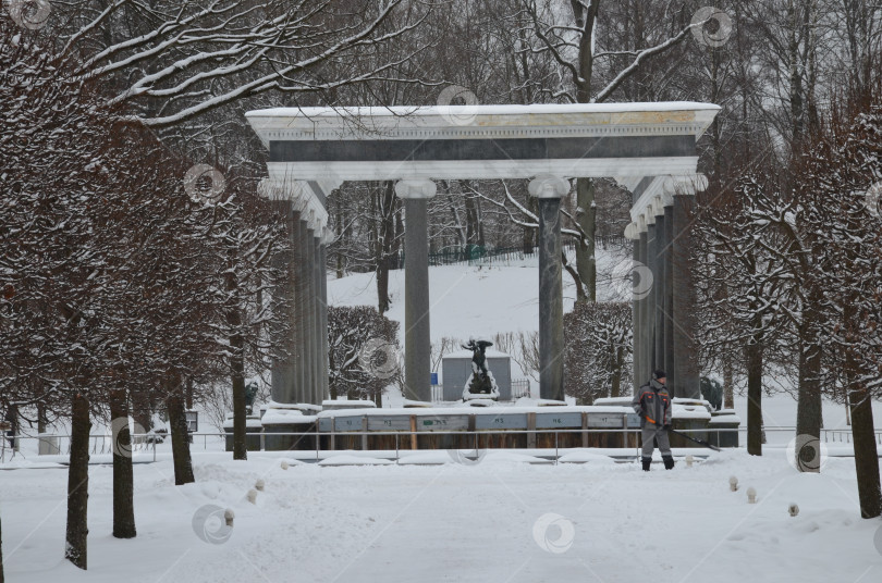 Скачать Санкт-Петербург, Россия – 12.23.2018: Фонтан Львиный каскад в Нижнем парке Петергофа в Санкт-Петербурге зимой фотосток Ozero