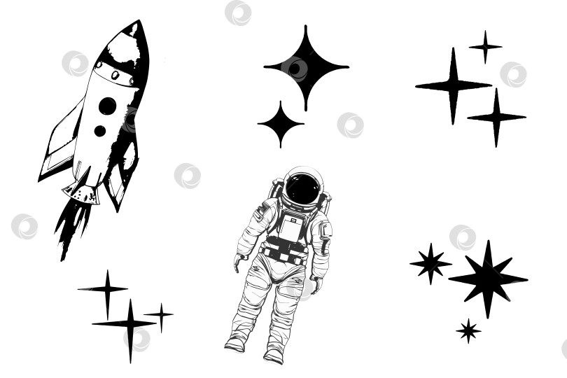 Скачать Набор космических изображений ракеты, астронавта, звезд в стиле эскиза на белом фоне. фотосток Ozero