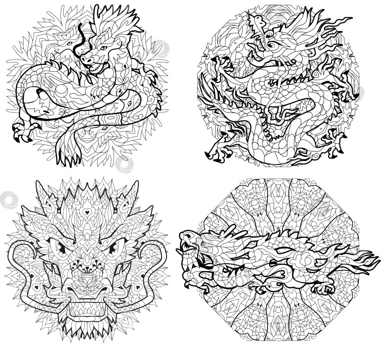 Скачать Зентангловые драконы на мандалах. Нарисованная от руки декоративная векторная иллюстрация для раскрашивания фотосток Ozero