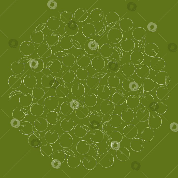 Скачать Белый контур яблок на зеленом фоне по кругу. Векторная графика фотосток Ozero