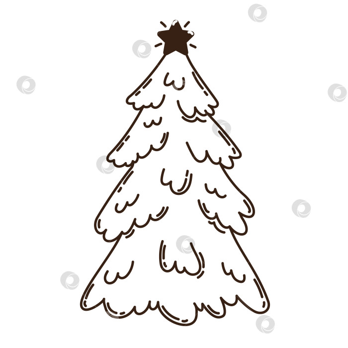 Скачать Изолированная нарисованная от руки каракулями линия рождественской елки со звездой. Плоская векторная иллюстрация на белом фоне. Новый год, счастливого Рождества. Для открытки, приглашения, плаката, баннера. фотосток Ozero