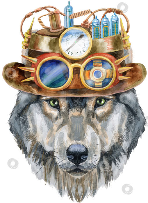 Скачать Волк в стимпанк-шляпе с гуглами. Акварельная иллюстрация к картине волка, изолированная на белом фоне фотосток Ozero