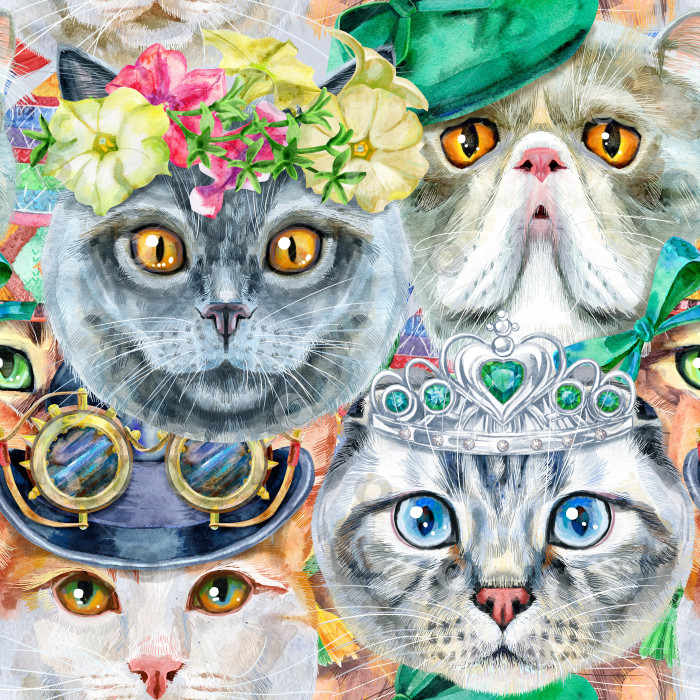 Скачать Бесшовный узор из кошек с различными аксессуарами. Акварельная иллюстрация, нарисованная от руки фотосток Ozero