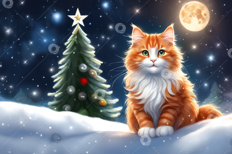 Скачать пушистый рыжий кот на фоне рождественской зимы фотосток Ozero