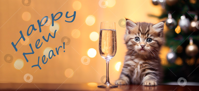 Скачать котенок с бокалом шампанского поздравляет с Новым годом. Баннер. Поздравительная открытка с надписью фотосток Ozero