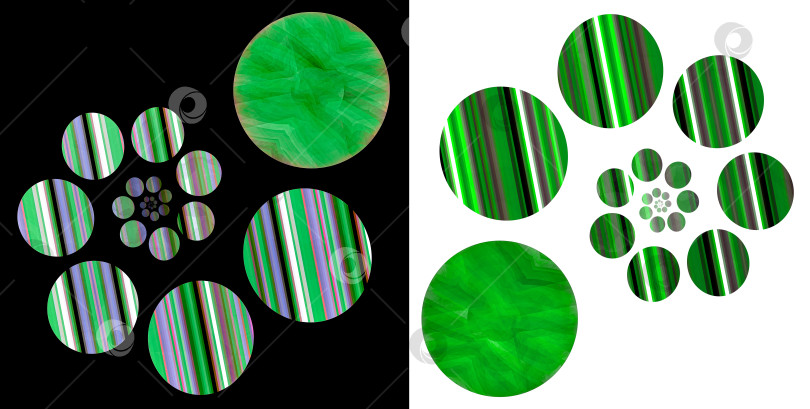 Скачать Абстрактный спиральный узор, состоящий из зеленых полосатых кругов на черно-белом фоне. Установить. 3D-рендеринг. 3D-иллюстрация. фотосток Ozero