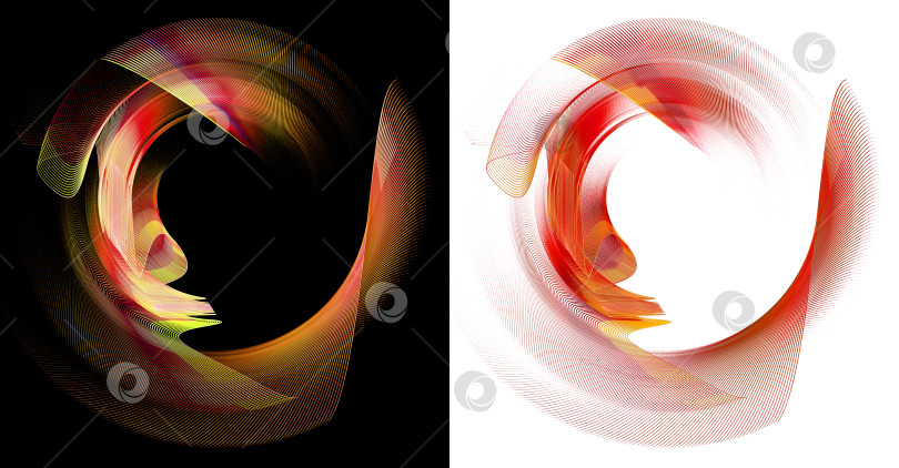 Скачать Набор красных и желтых рамок на белом и черном фоне. Волнистые и прямые многослойные полосатые плоскости расположены по кругу. Значок, логотип, символ, вывеска. 3D-рендеринг. 3D-иллюстрация. фотосток Ozero
