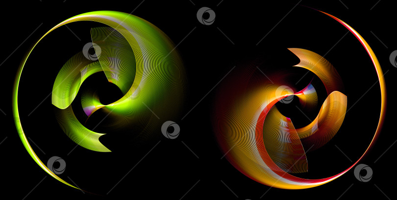 Скачать Зеленые и оранжевые абстрактные пропеллеры с красиво изогнутыми лопастями вращаются на черном фоне. Значок, логотип, символ, вывеска. Набор. 3D-рендеринг. 3D-иллюстрация. фотосток Ozero