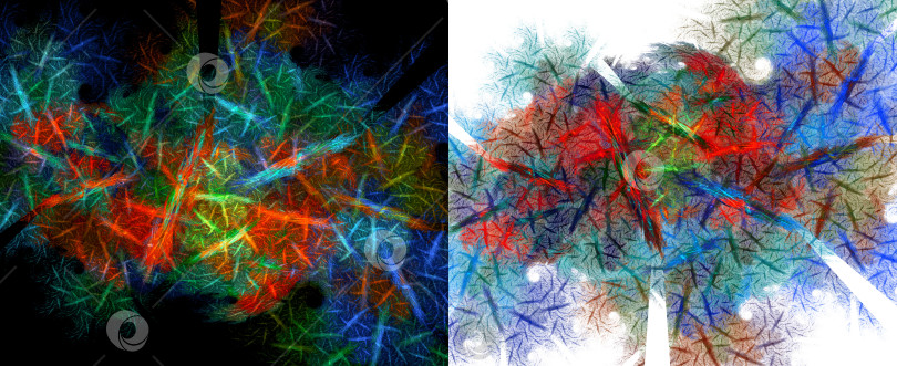 Скачать Два абстрактных фрактальных фона в одном. Красочные размытые линии и пятна на черно-белом фоне. Установить. 3D-рендеринг. 3D-иллюстрация. фотосток Ozero