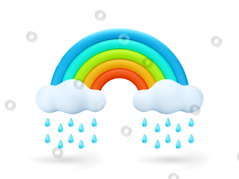 Скачать 3D Мультяшная красочная радуга с дождевыми облаками, изолированными на белом фоне. 3D-значок погоды. Векторная иллюстрация 3d-рендера в стиле минимализм. фотосток Ozero