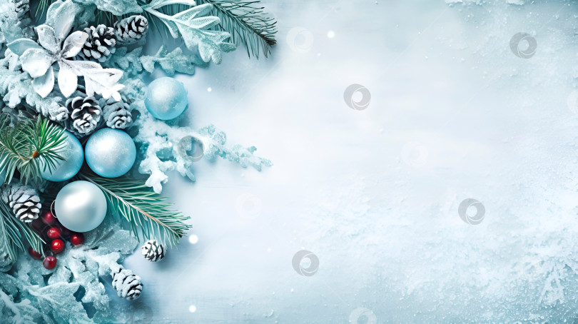 Скачать Голубой рождественский фон с праздничными украшениями - еловыми лапами, сосновыми шишками, ягодами и шариками. Пространство для копирования фотосток Ozero