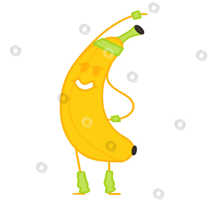 Скачать Счастливый улыбающийся спортивный банановый персонаж тренирует пресс. Векторная мультяшная иллюстрация. фотосток Ozero