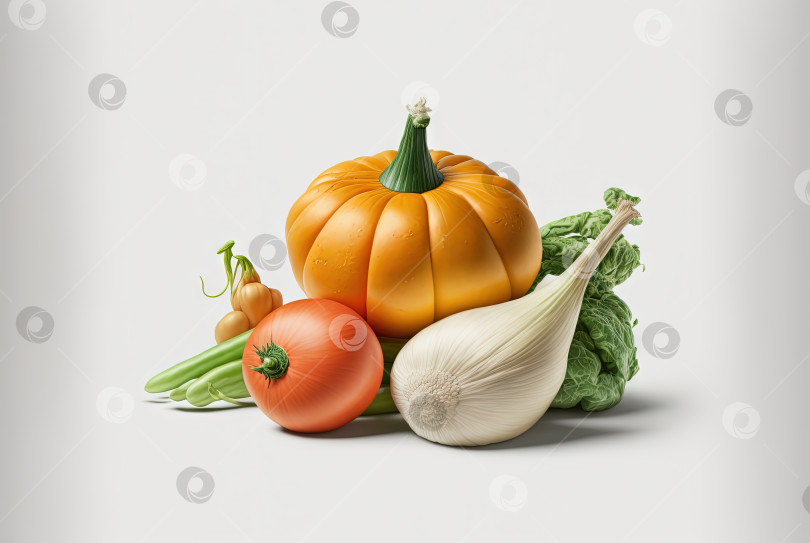Скачать Свежие овощи для приготовления пищи. Набор сочных овощей на белом фоне. Сгенерированный искусственный интеллект. фотосток Ozero