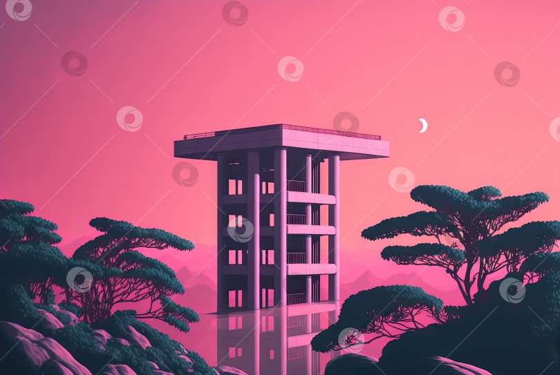 Скачать Волновой пейзаж с абстрактным зданием с колоннами. минималистичная архитектурная сцена в стиле 80-х годов в розовых и голубых тонах. Сгенерированный искусственный интеллект. фотосток Ozero