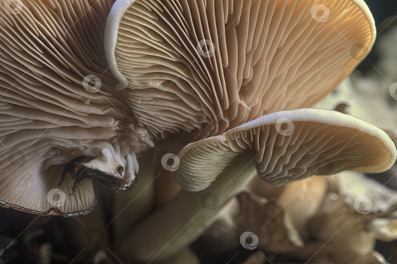 Скачать Абстрактный белый гриб. Большой гриб с грибными пластинками крупным планом. Сгенерированный искусственный интеллект. фотосток Ozero