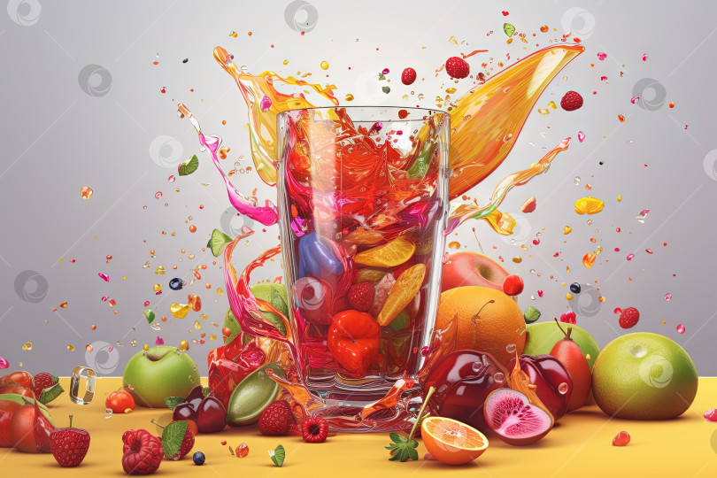 Скачать Стакан сока с фруктами и ягодами на столе. Выпейте немного сладкого органического коктейля. Сгенерированный искусственный интеллект. фотосток Ozero