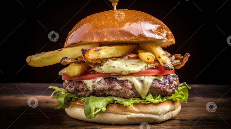 Скачать Сочный вкусный гамбургер на столе. Изображение бургера быстрого приготовления с мясом, приготовленным на гриле. Сгенерированный искусственный интеллект. фотосток Ozero
