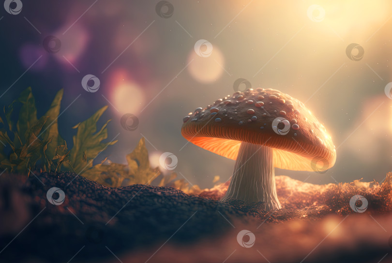 Скачать Таинственный гриб на кочке. Сказочный фон с мистическим грибом. Сгенерированный искусственный интеллект. фотосток Ozero