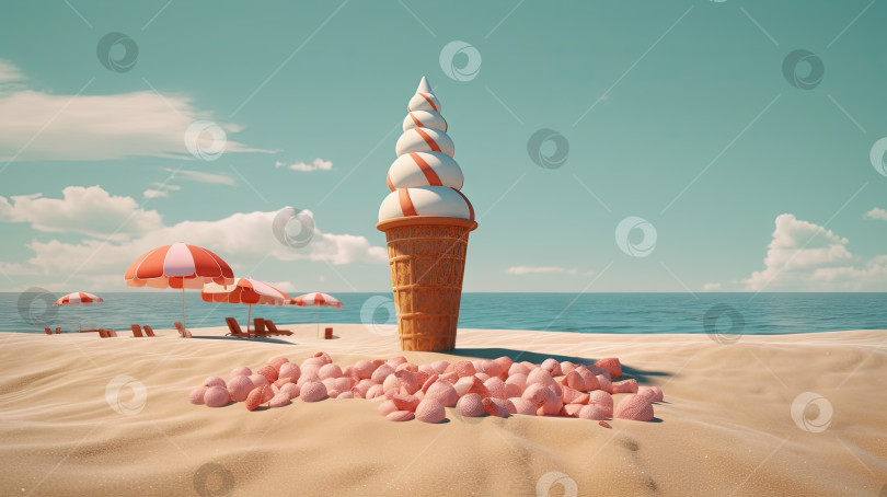 Скачать Рожок мороженого на песке пляжа. Сцена отдыха с мороженым на берегу. Генеративный искусственный интеллект. фотосток Ozero
