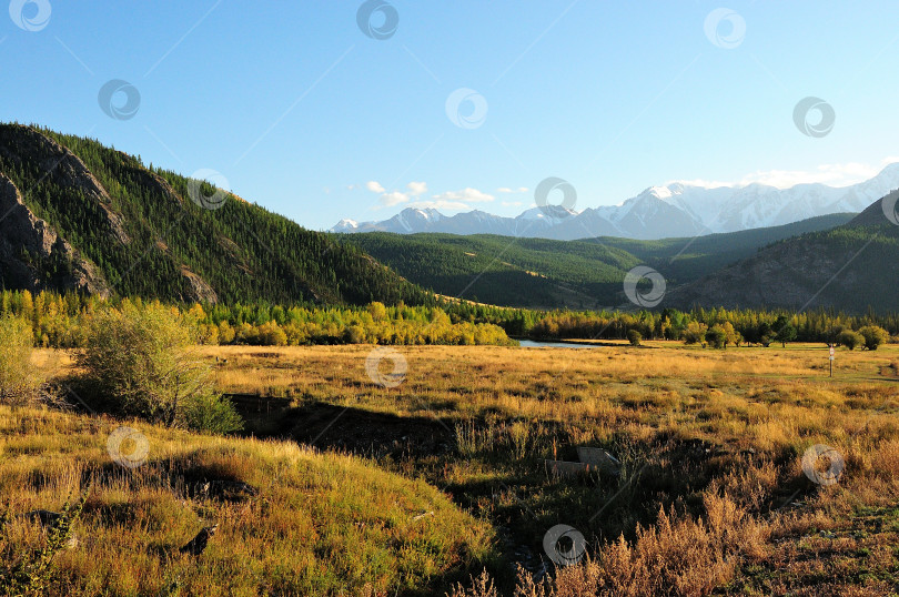 Скачать Извилистое русло пересохшей реки ранней осенью протекает по живописной осенней долине у подножия высоких гор. фотосток Ozero