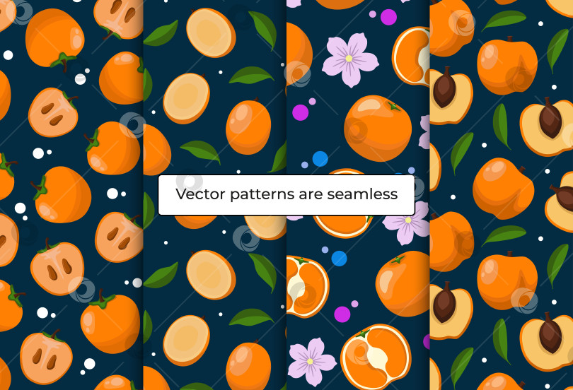 Скачать Набор бесшовных узоров с фруктами, апельсинами, абрикосами, манго, хурмой, розовыми цветами, листьями, кругами на синем фоне фотосток Ozero