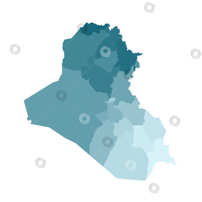 Скачать Векторная изолированная иллюстрация упрощенной административной карты Ирака. Границы мухафаз (регионов). Яркие силуэты синего цвета хаки. фотосток Ozero