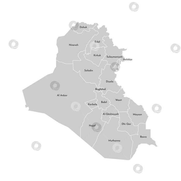 Скачать Векторная изолированная иллюстрация упрощенной административной карты Ирака. Границы и названия провинций (регионов). Серые силуэты. Белый контур фотосток Ozero