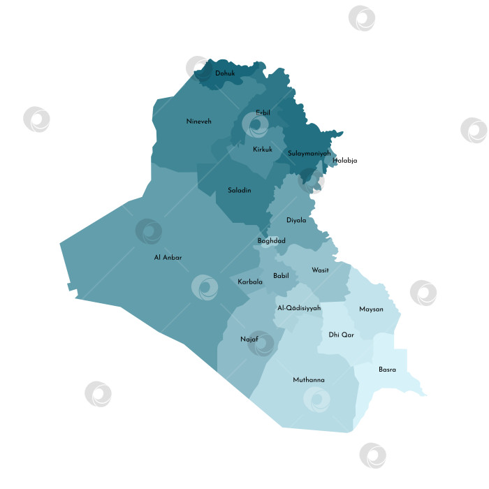 Скачать Векторная изолированная иллюстрация упрощенной административной карты Ирака. Границы и названия провинций (регионов). Яркие силуэты синего цвета хаки фотосток Ozero