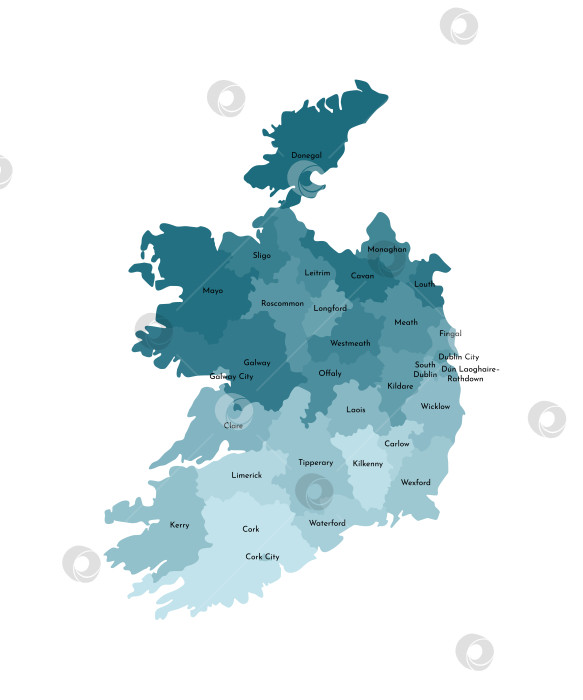 Скачать Векторная изолированная иллюстрация упрощенной административной карты Республики Ирландия. Границы и названия регионов. Яркие силуэты синего цвета хаки фотосток Ozero