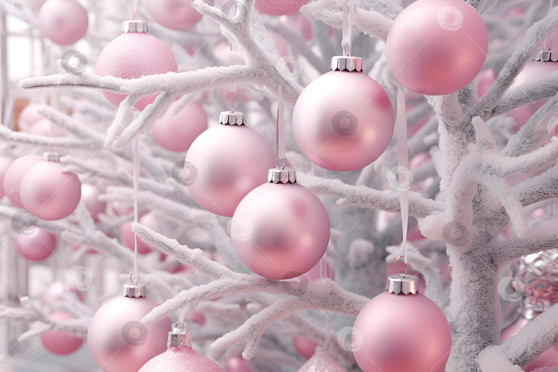 Скачать Розовые матовые декоративные шары на заснеженных ветвях деревьев. Подложка, рождественский фон фотосток Ozero