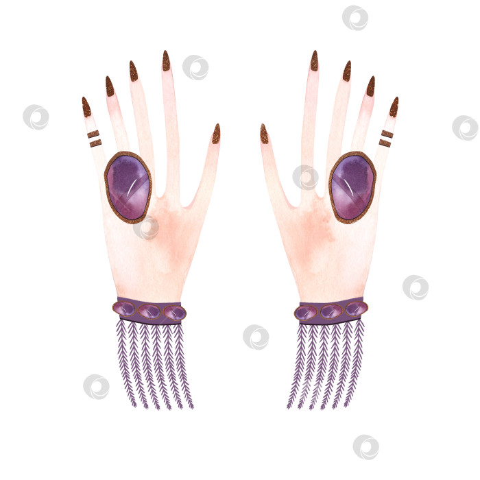 Скачать Женские руки с золотым маникюром, кольцом и браслетом с фиолетовыми кристаллами. Бледная натуральная кожа на пальцах и ладонях. Клипарт. Изолированная акварельная иллюстрация на белом фоне. фотосток Ozero