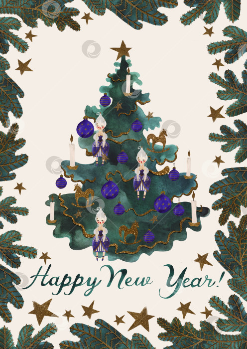 Скачать Акварельная открытка с украшенной рождественской елкой. Поздравительная открытка с Новым годом. Детская игрушка. Рождественский подарок. Растровая иллюстрация для упаковки, поздравительных открыток, подарков фотосток Ozero