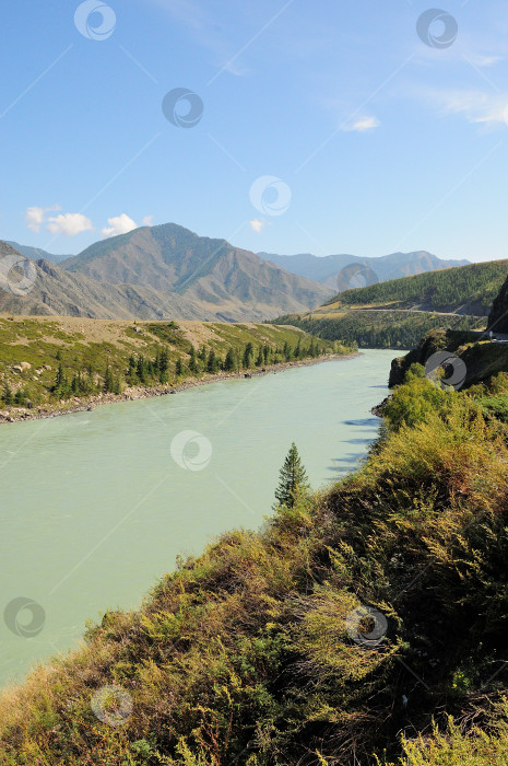 Скачать Солнечным летним днем по живописной горной долине течет широкое русло красивой бирюзовой реки с высокими берегами. фотосток Ozero