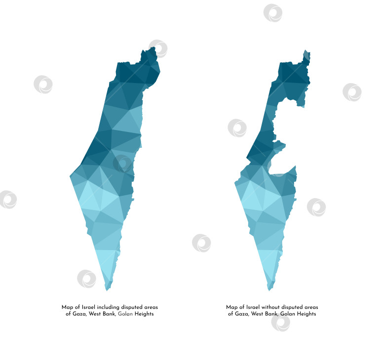 Скачать Векторные изолированные иконки иллюстраций с упрощенными синими силуэтами карты Израиля (включая и без спорных районов Газы, Западного берега, Голанских высот). Многоугольный геометрический стиль, треугольные формы. Белый фон. фотосток Ozero